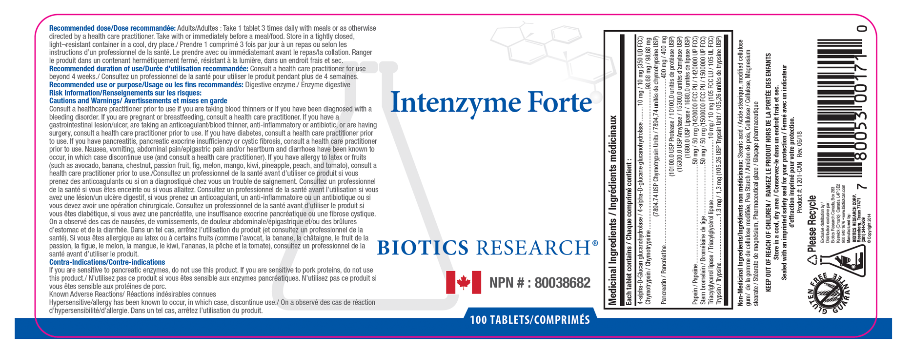 Intenzyme Forte 100 Tablets - Label